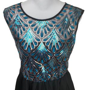 Fit & Flare Jewel Tone Teal Black Silver Sequin Embellished Midi Cocktail Dress